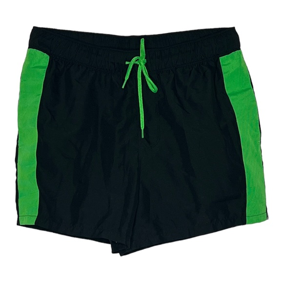 Asos Swim Shorts Black Green Neon Side Stripe Short Length Stretch‎ Waist - Picture 1 of 6